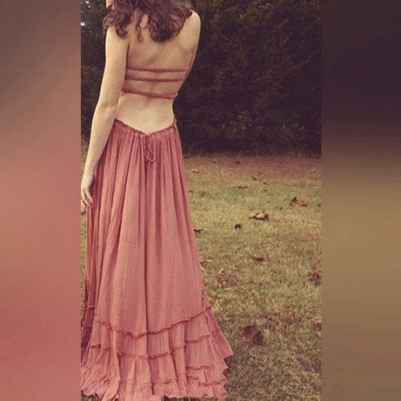 Pink Clay Maxi Halter Dress Long Tiered Full Flowy Gauze Bohemian Beach Vacation - Picture 7 of 10